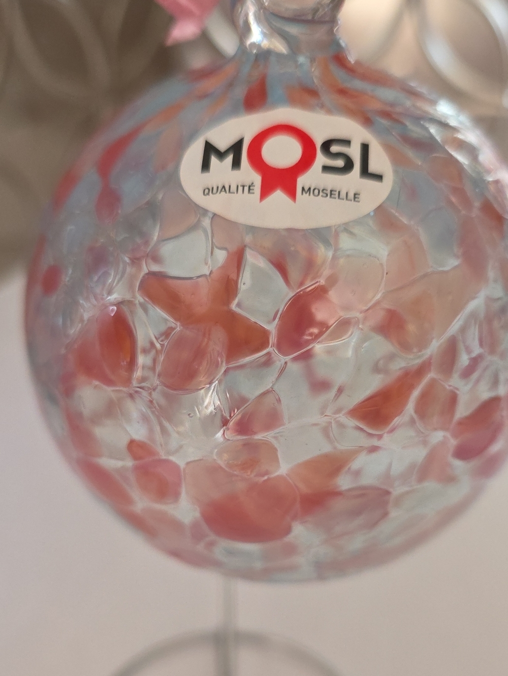 Cristal Lehrer French Hand-Blown Art Glass Sphere Pink/White Speckled Ornament - Picture 4 of 13